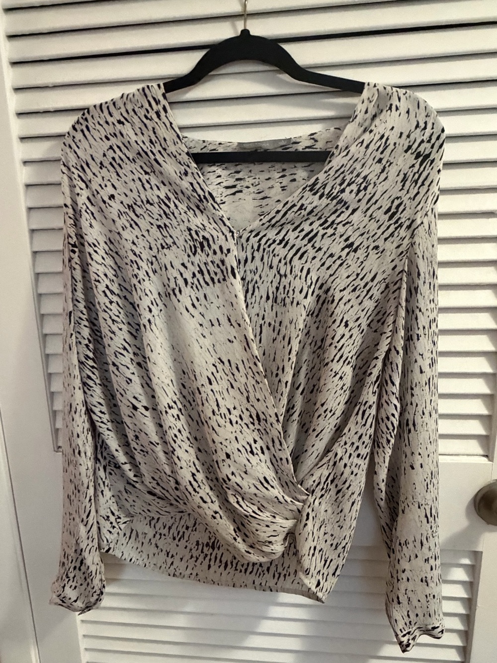 Draped V-Neck Speckle Print Blouse in Cream and Black